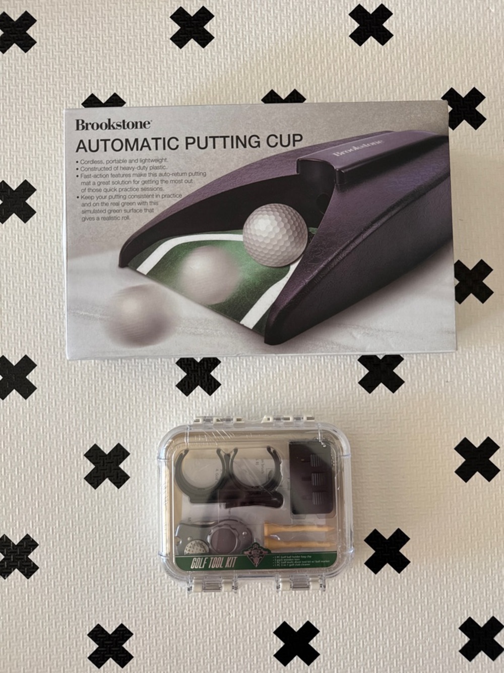 Brookstone Automatic Putting Cup and Festive Voice Golf Tool Kit Bundle
